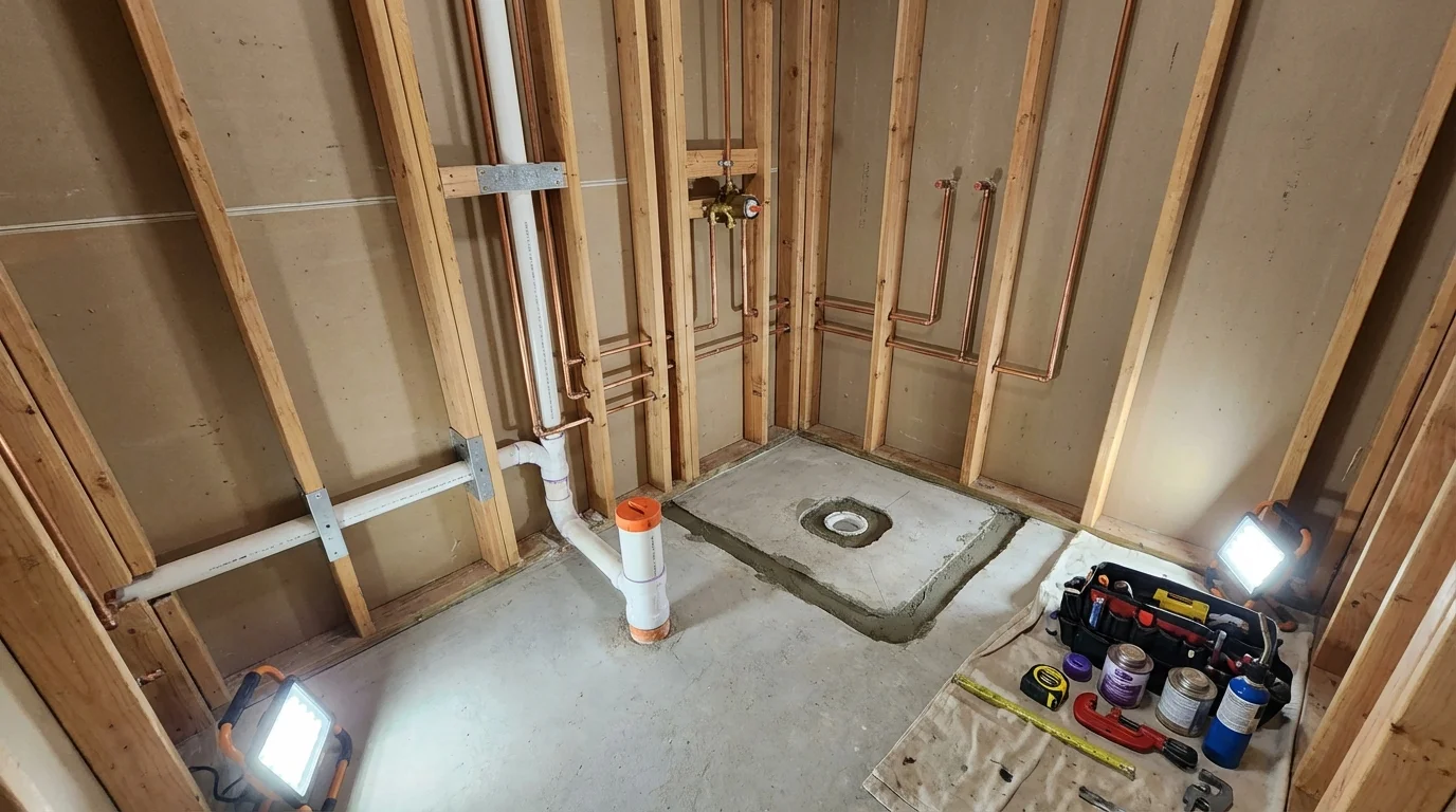 Bathroom rough-in plumbing during remodel by Johns Plumbing LLC in Westlake