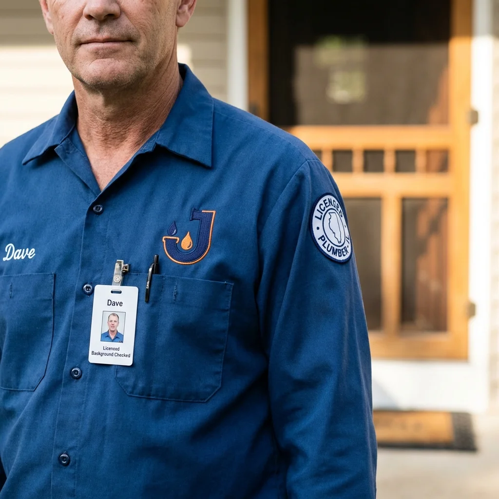 Licensed plumber showing ID badge in Westlake, OH