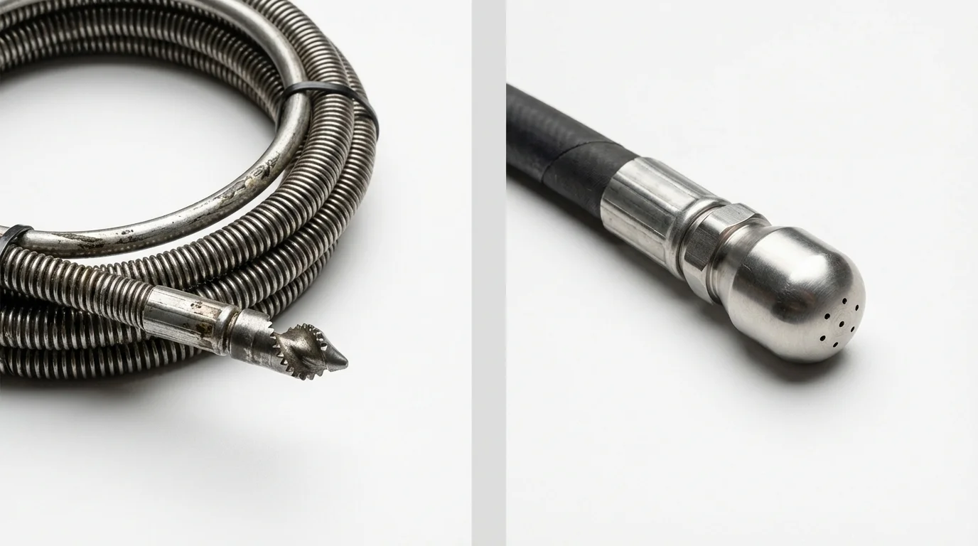Drain snake cable and hydro jetting nozzle used for drain cleaning in Westlake, OH