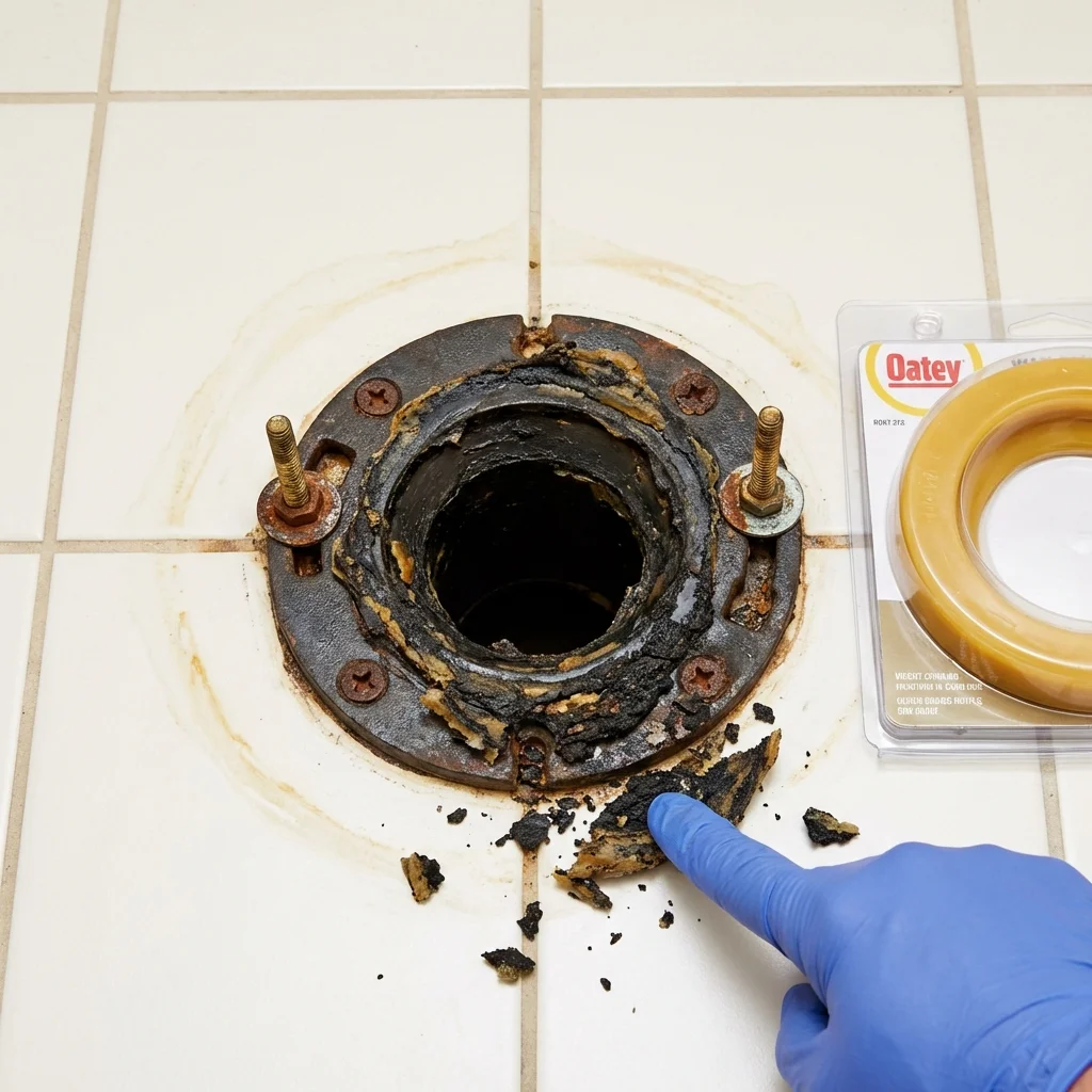 Failed wax ring showing water seepage at the base of a toilet in a Westlake, OH home