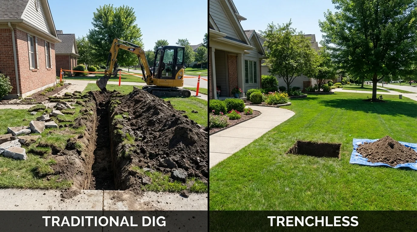 Trenchless sewer repair with minimal yard damage versus traditional excavation in Westlake, OH