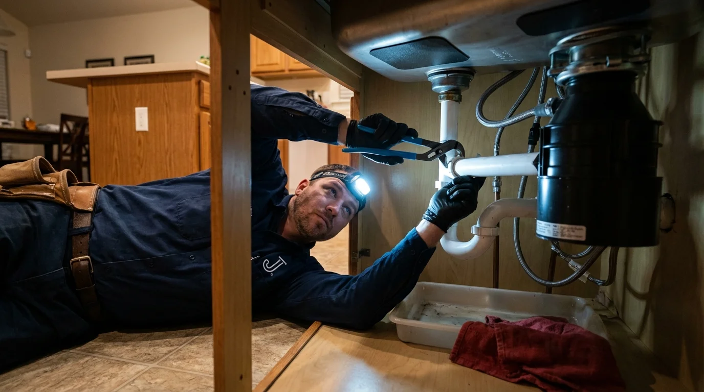 P-trap and supply line connections under a kitchen sink showing a common leak point in Westlake, OH